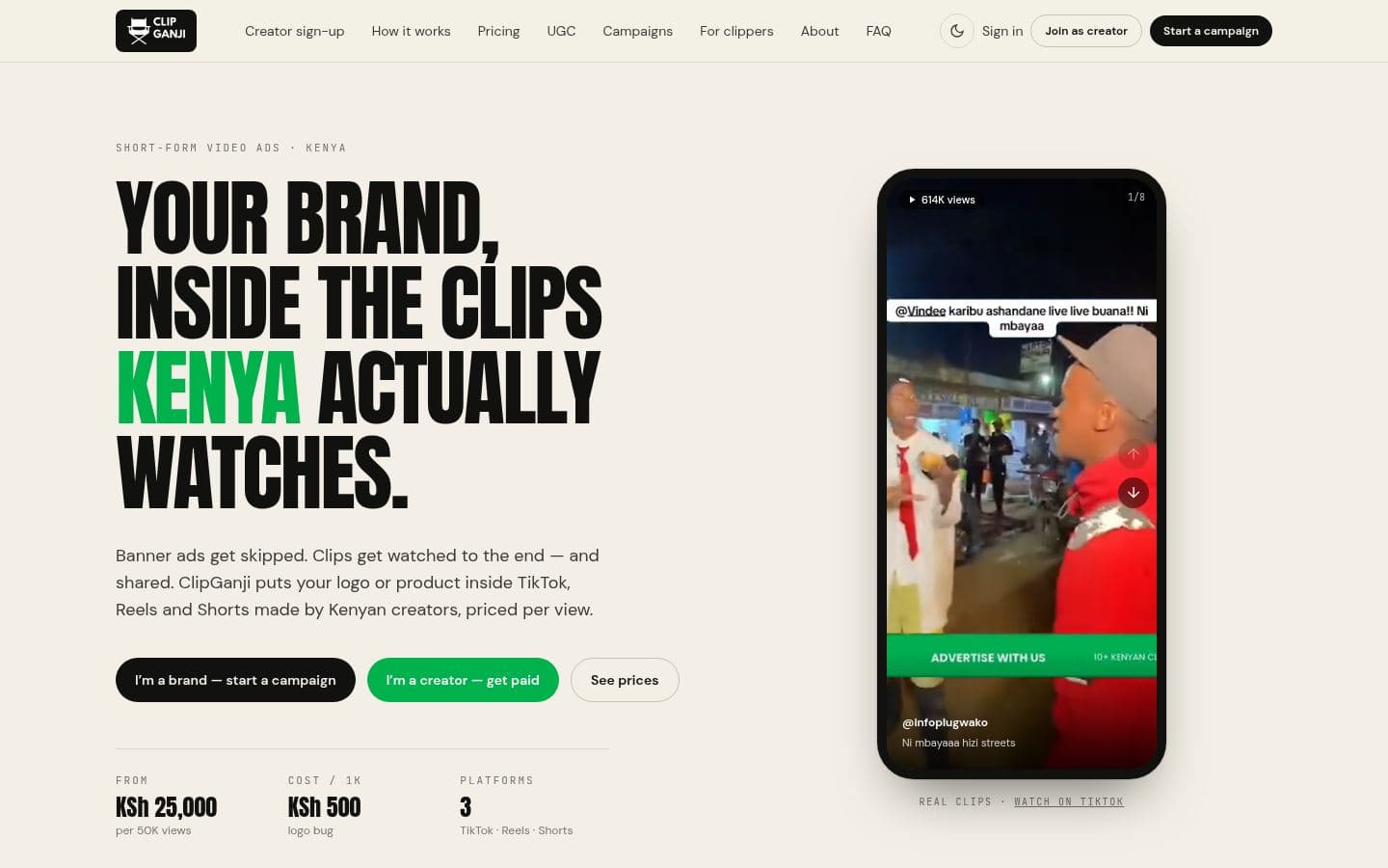 ClipGanji website platform design, built by Kevin Milo at Captivart, Nairobi