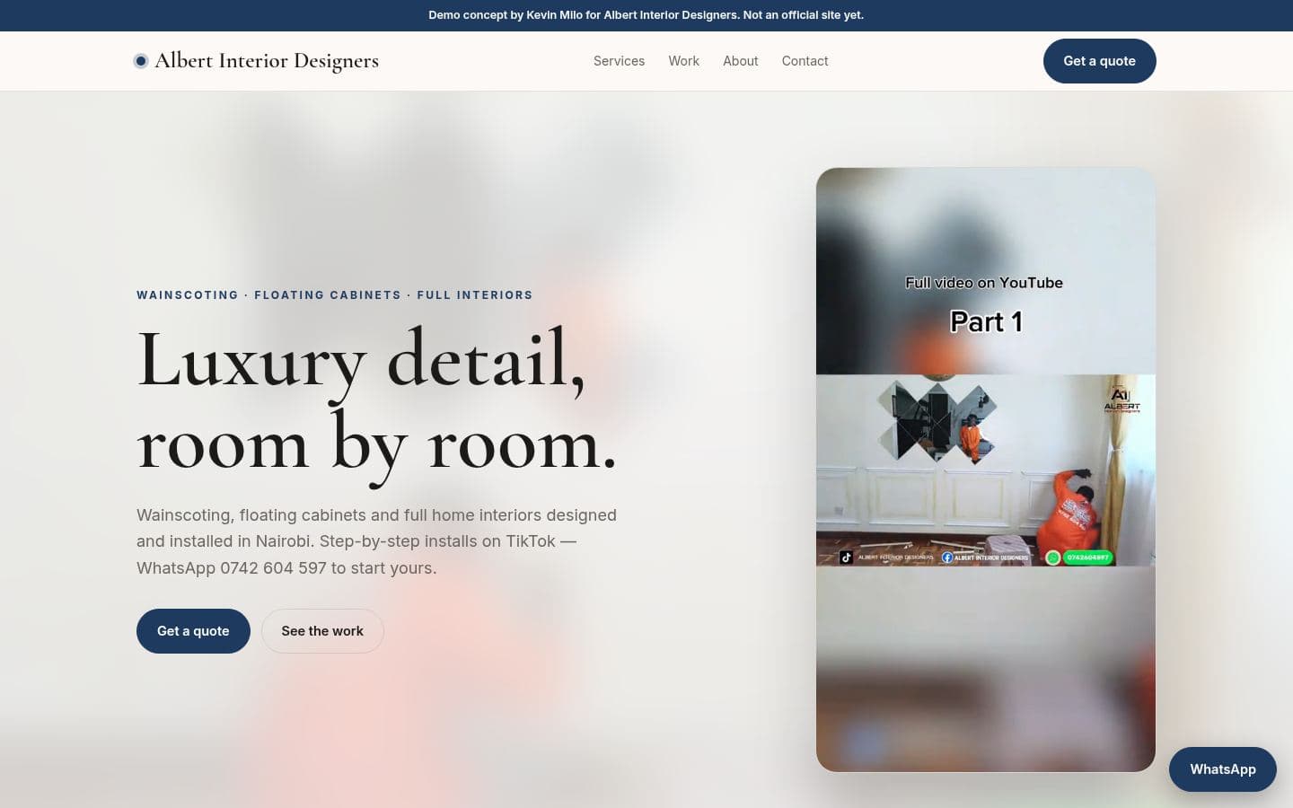 Albert Interior Designers website home services design, built by Kevin Milo at Captivart, Nairobi