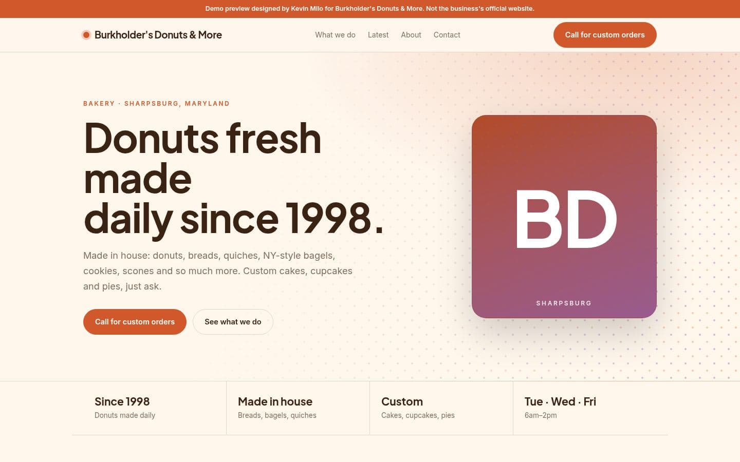 Burkholder's Donuts website bakery & food design, built by Kevin Milo at Captivart, Nairobi