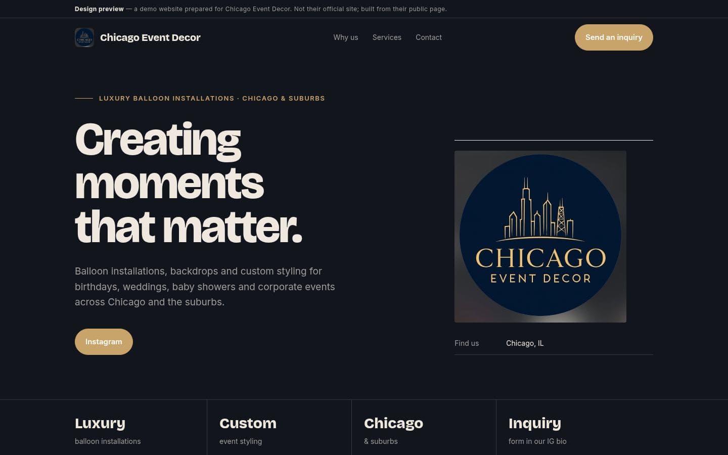 Chicago Event Decor website events design, built by Kevin Milo at Captivart, Nairobi