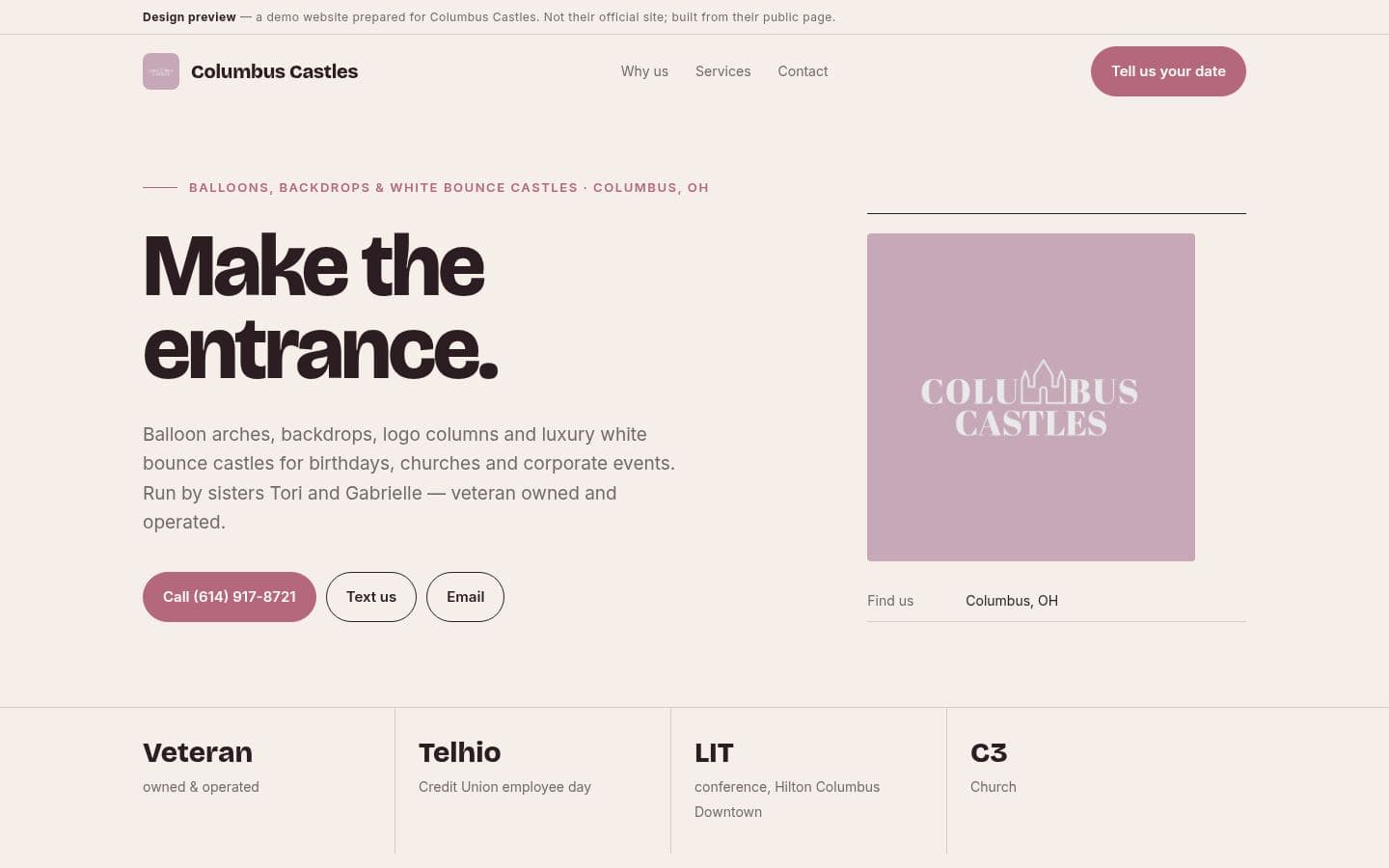 Columbus Castles website events design, built by Kevin Milo at Captivart, Nairobi