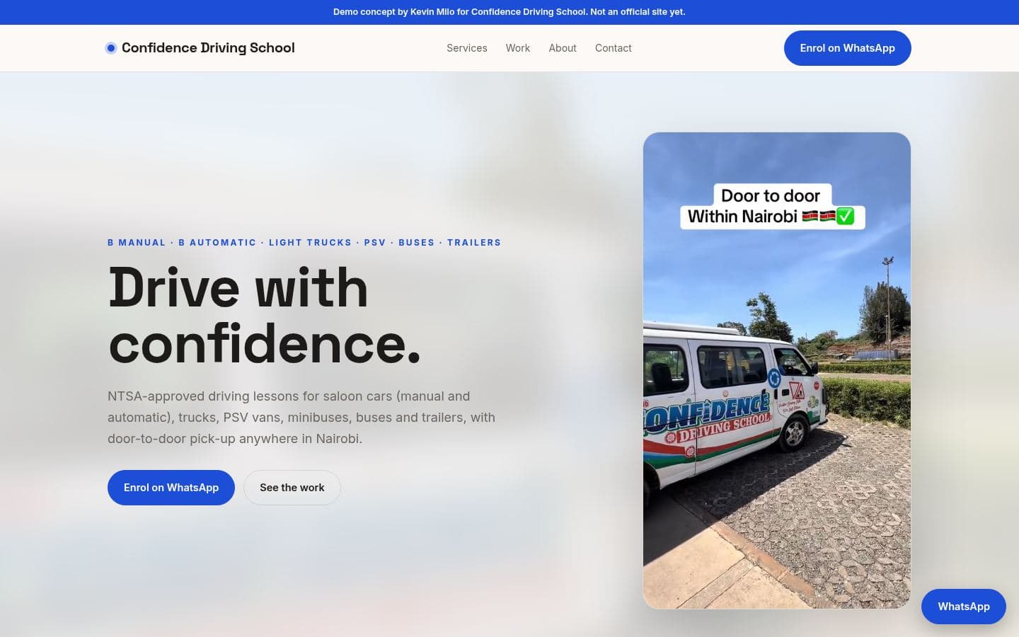 Confidence Driving School website retail & more design, built by Kevin Milo at Captivart, Nairobi