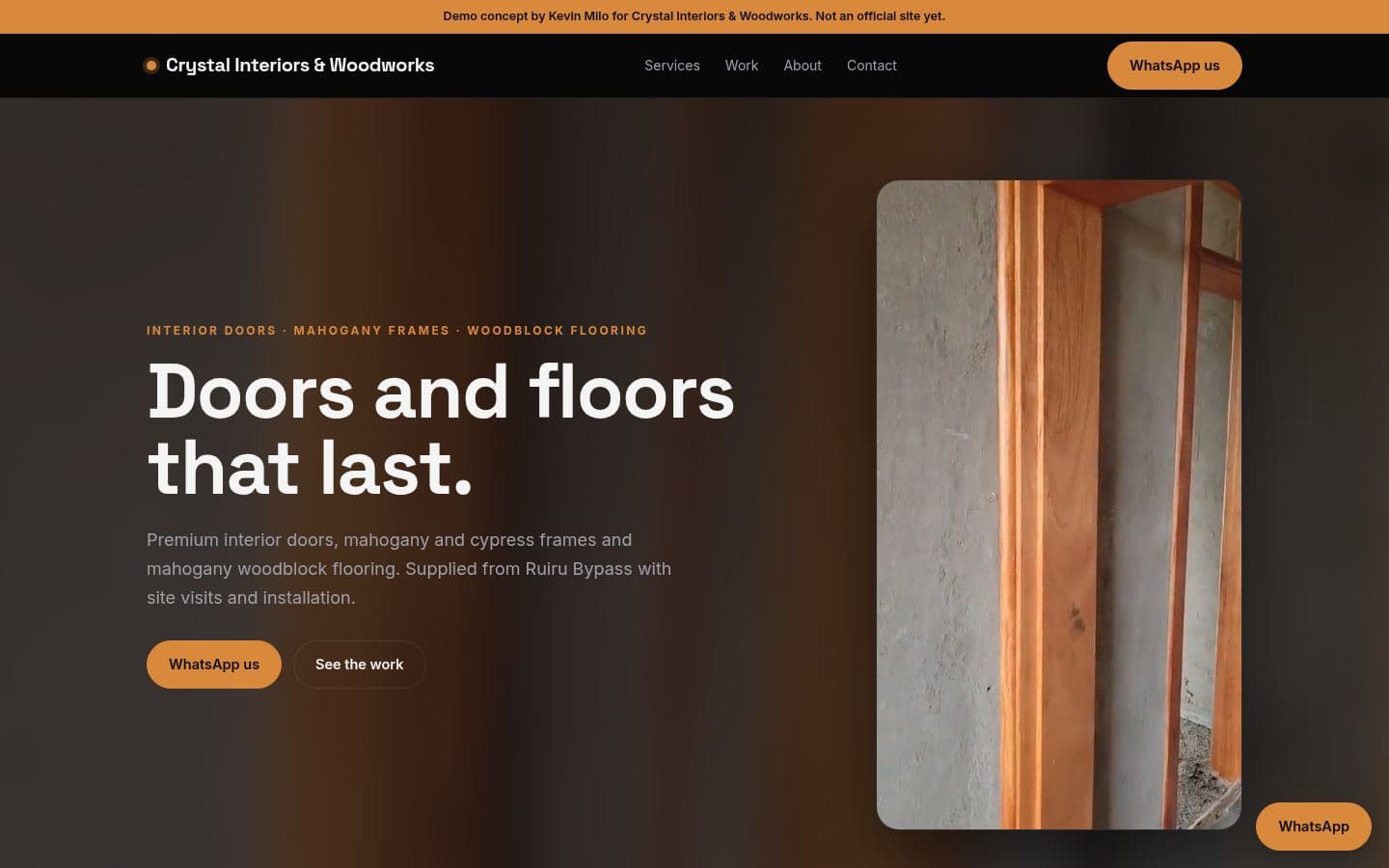 Crystal Interiors Woodworks website home services design, built by Kevin Milo at Captivart, Nairobi