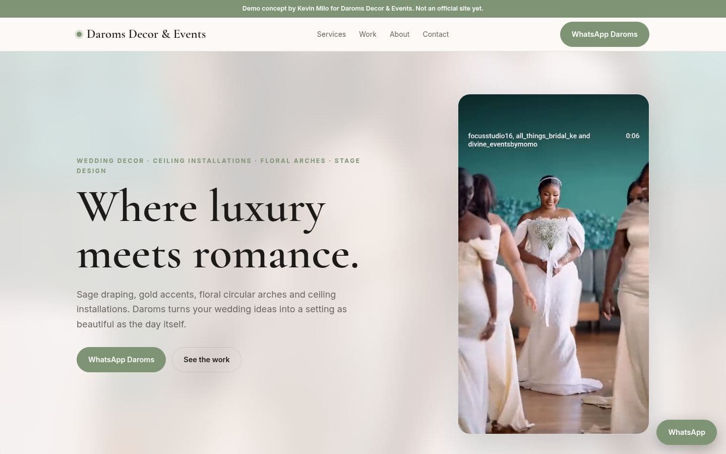 Darom's Decor Events website events design, built by Kevin Milo at Captivart, Nairobi