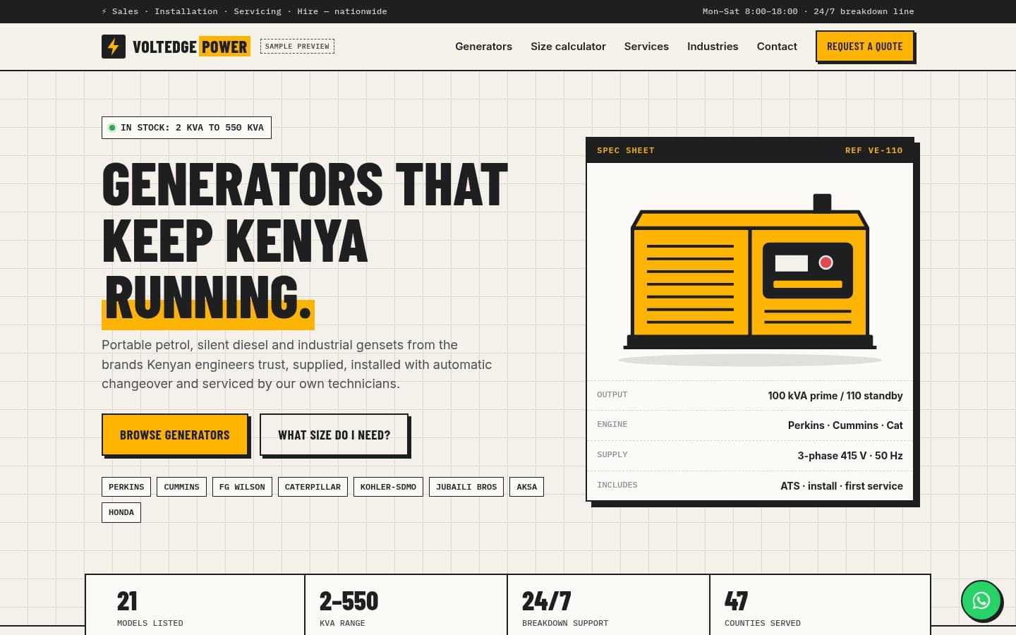 Generators Kenya Modern website tech & energy design, built by Kevin Milo at Captivart, Nairobi