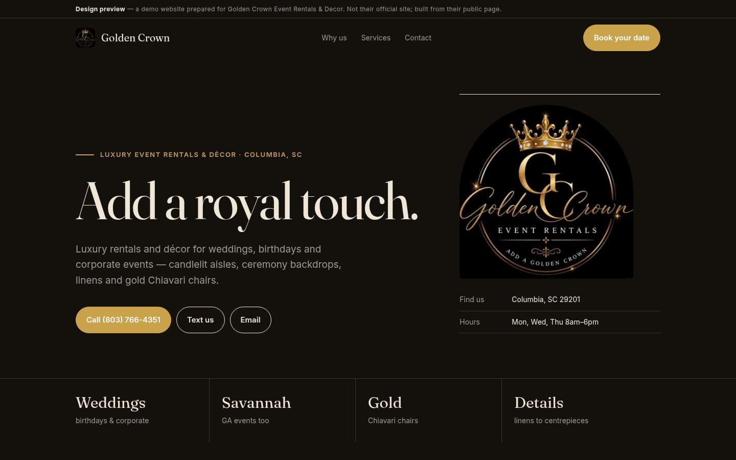 Golden Crown Events website events design, built by Kevin Milo at Captivart, Nairobi