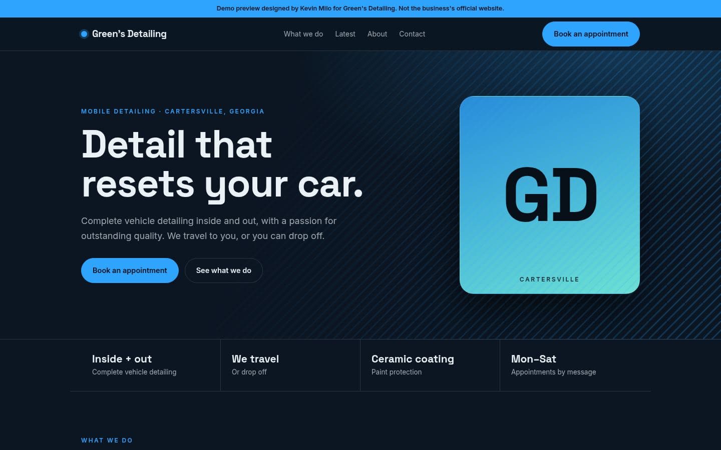 Greens Detailing website automotive design, built by Kevin Milo at Captivart, Nairobi