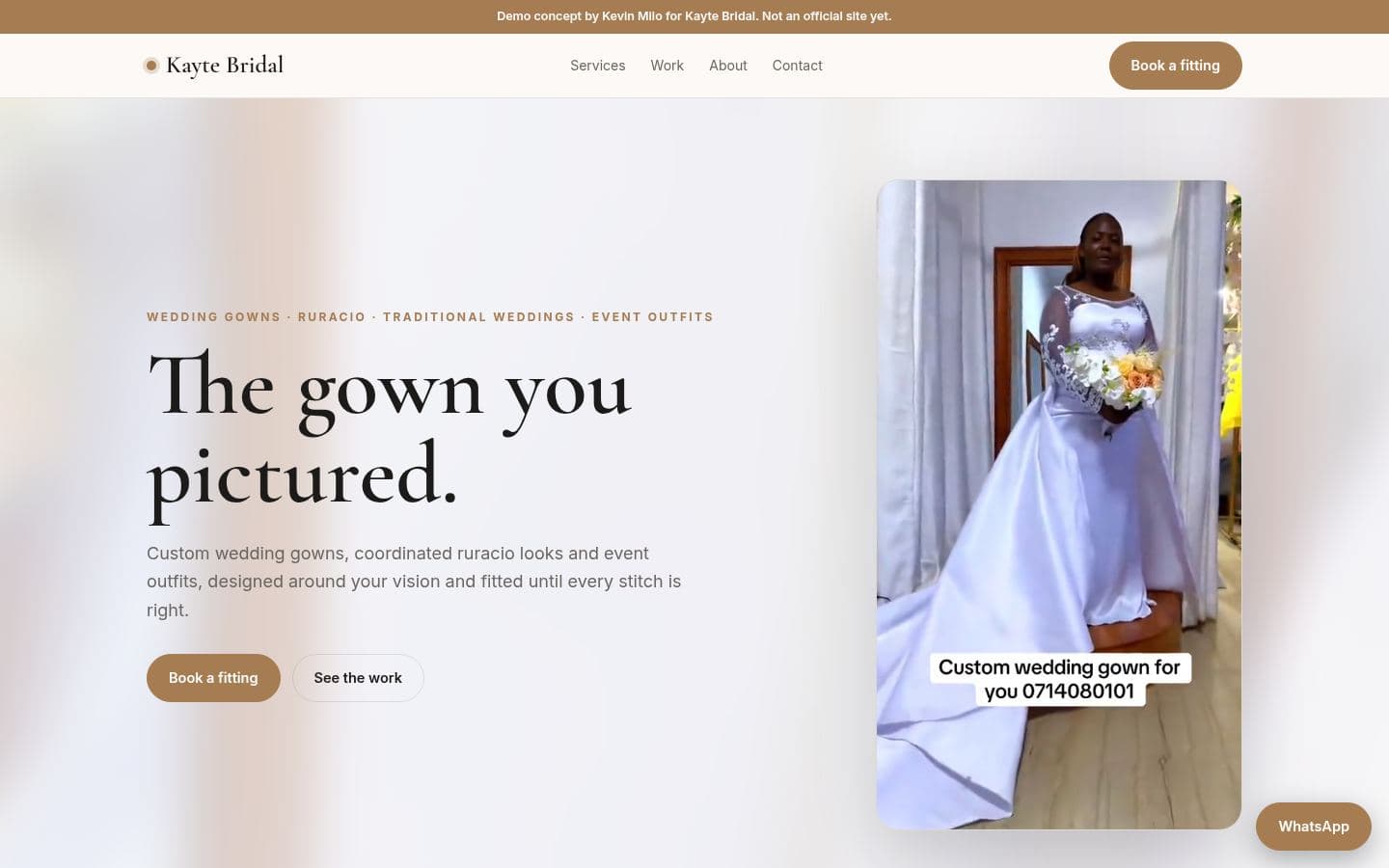 Kayte Bridal website beauty design, built by Kevin Milo at Captivart, Nairobi
