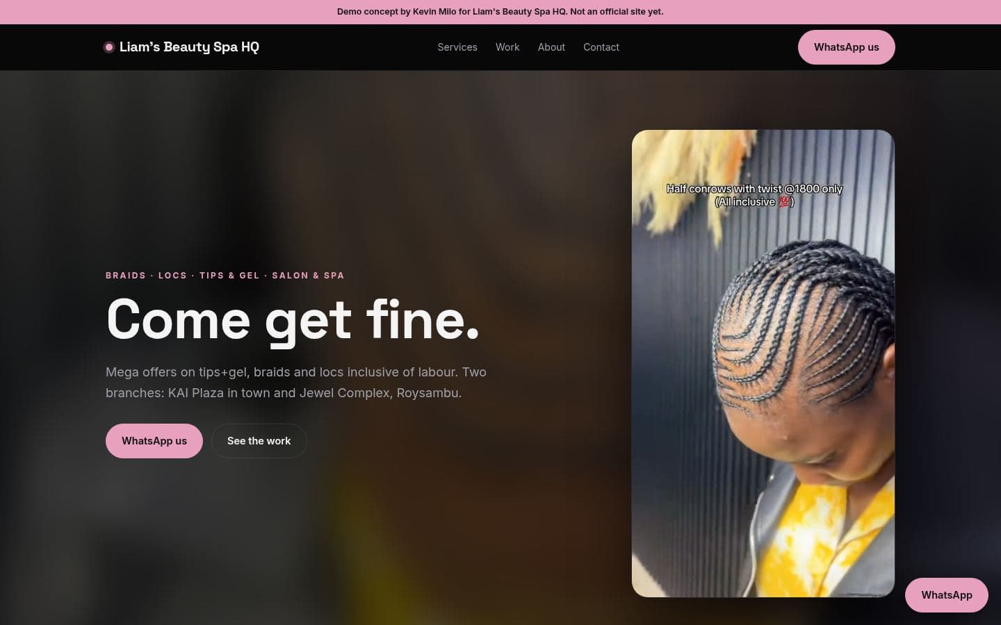 Liam's Beauty Spa website beauty design, built by Kevin Milo at Captivart, Nairobi