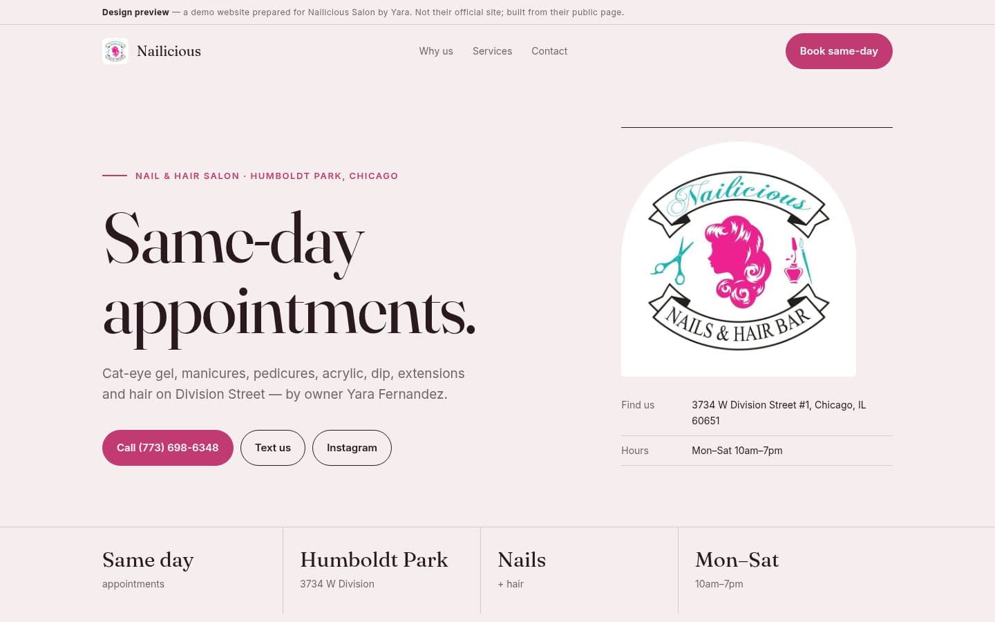 Nailicious Chicago website beauty design, built by Kevin Milo at Captivart, Nairobi