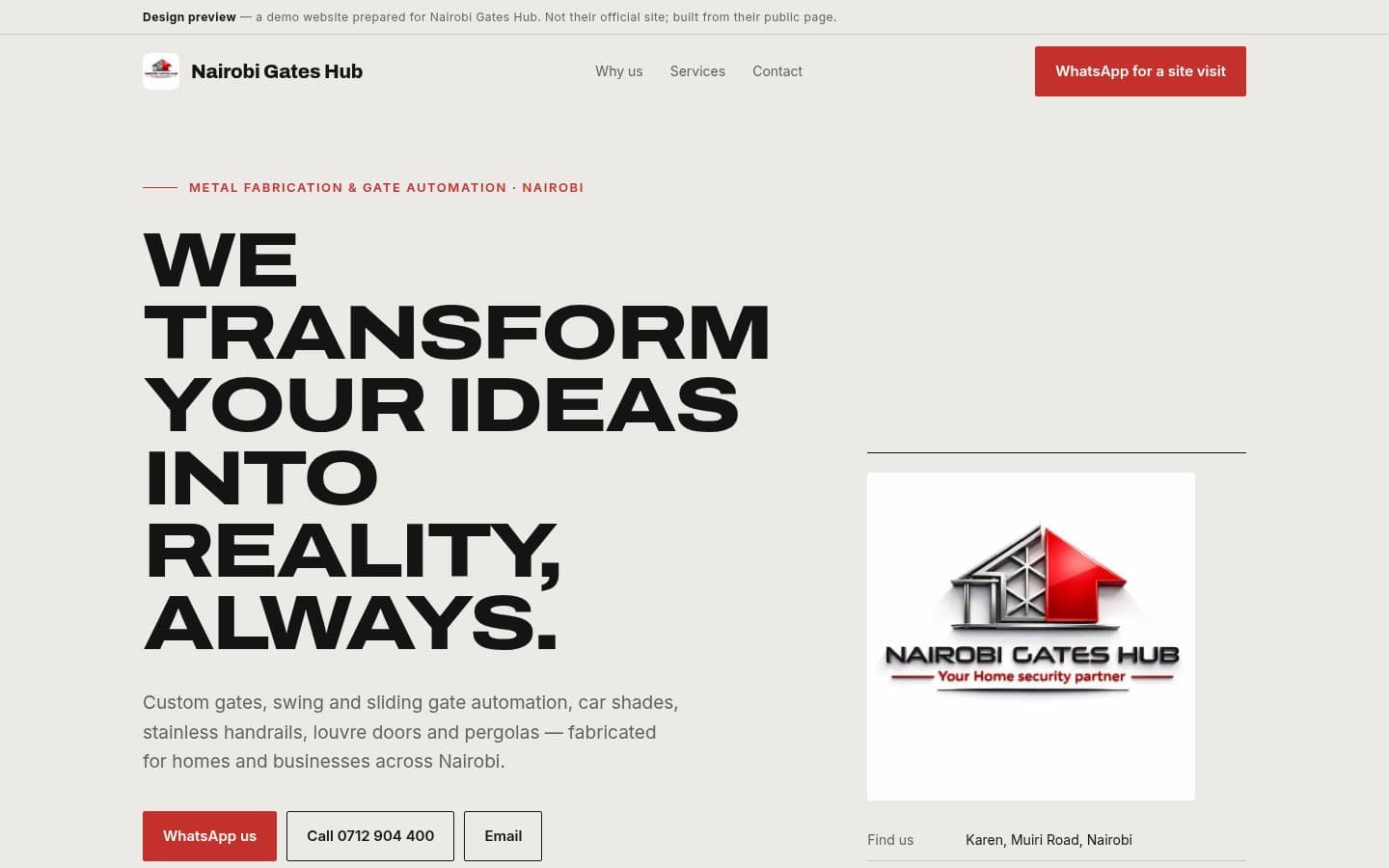 Nairobi Gates Hub website home services design, built by Kevin Milo at Captivart, Nairobi