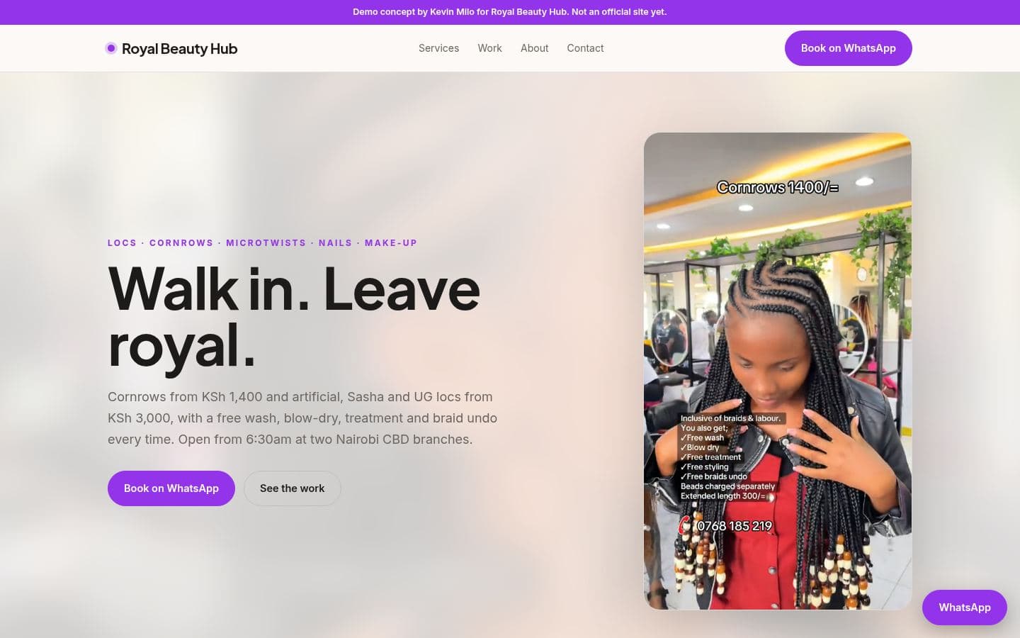 Royal Beauty Hub website beauty design, built by Kevin Milo at Captivart, Nairobi