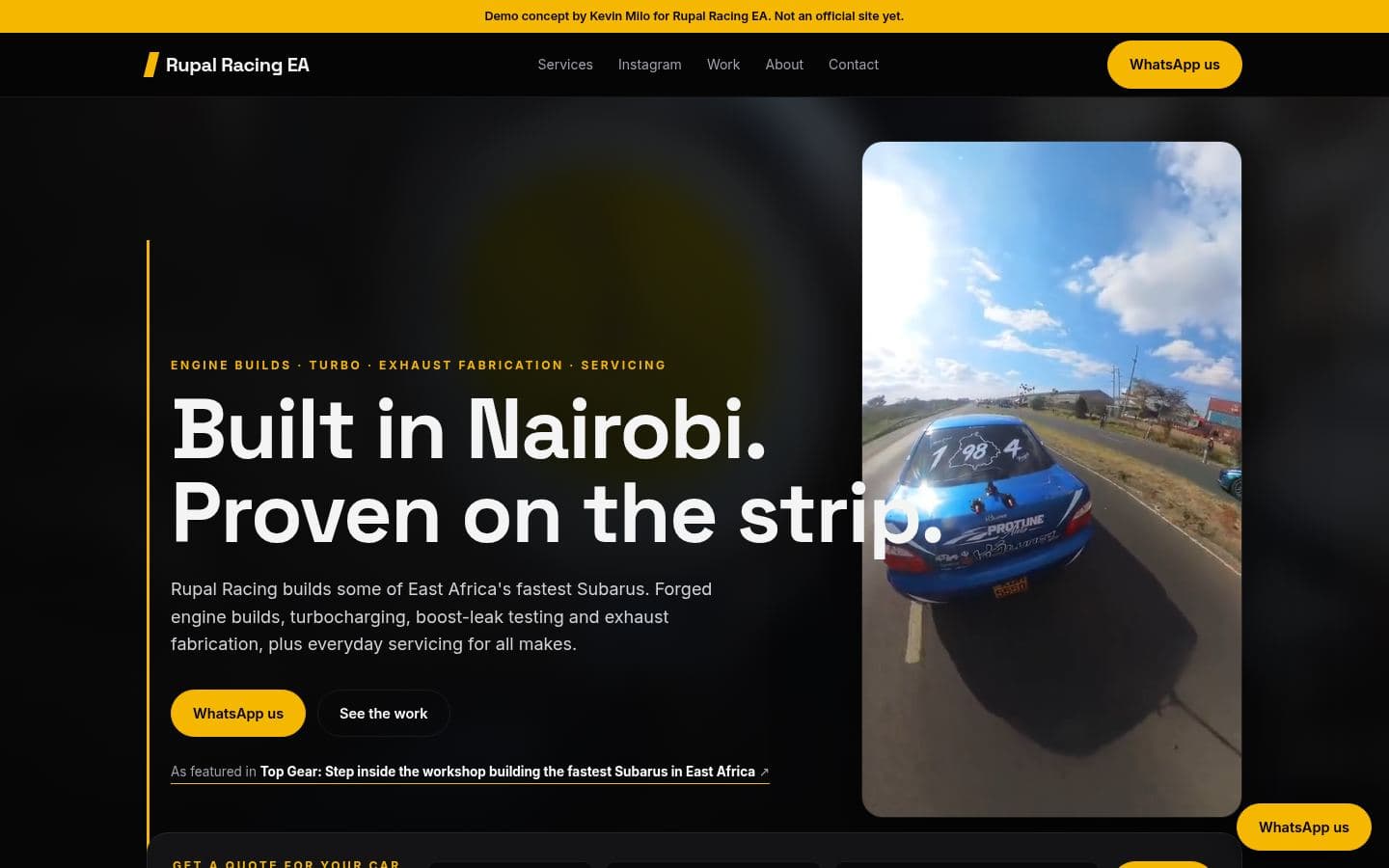 Rupal Racing website automotive design, built by Kevin Milo at Captivart, Nairobi
