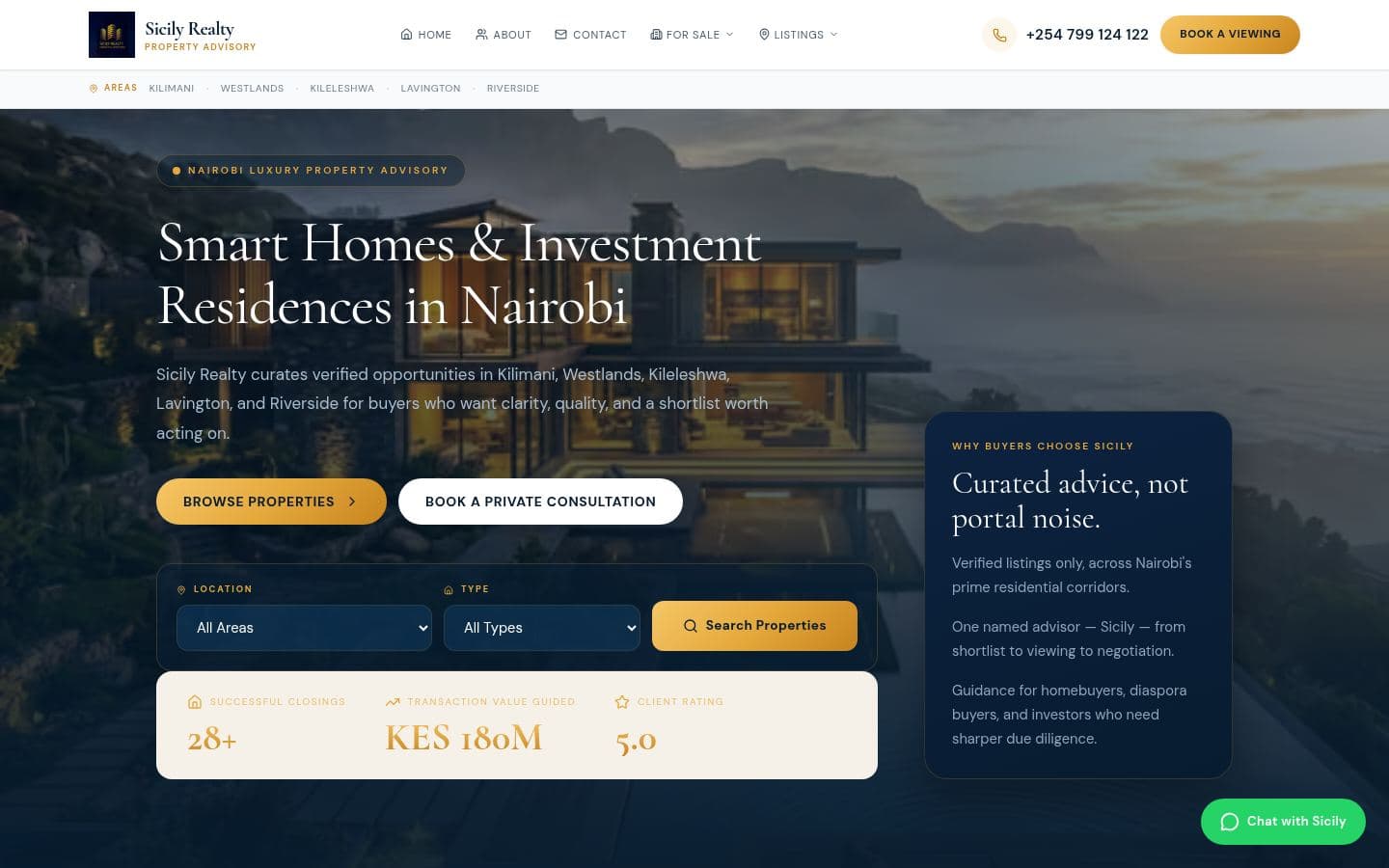 Sicily Realty website real estate design, built by Kevin Milo at Captivart, Nairobi