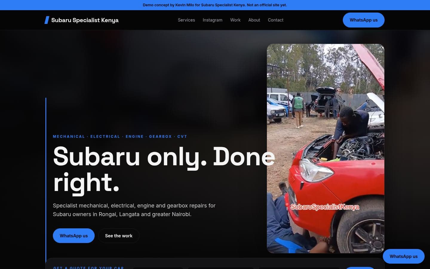 Subaru Specialist Kenya website automotive design, built by Kevin Milo at Captivart, Nairobi