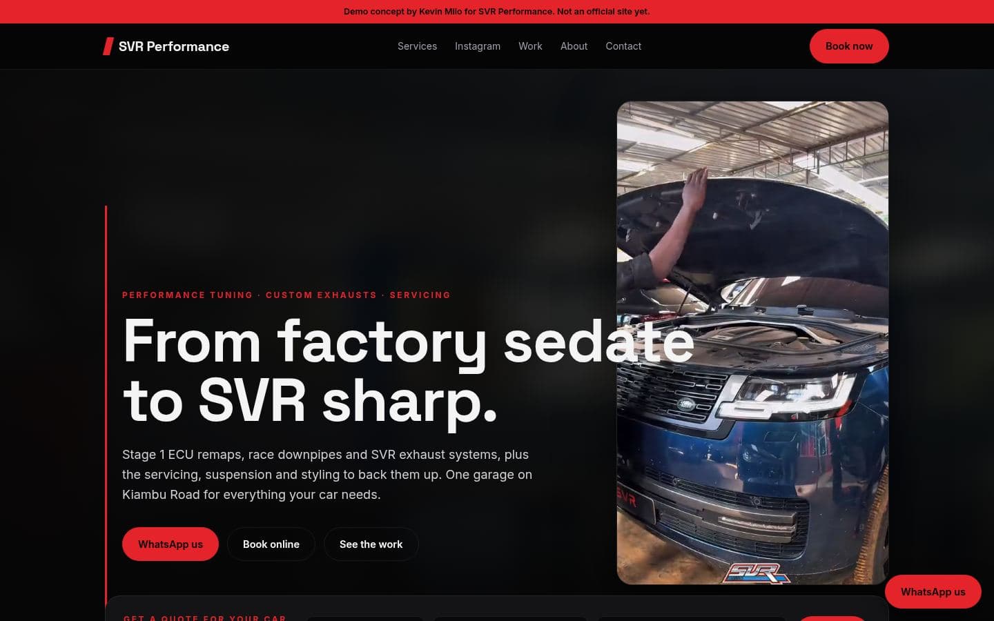 Svr Performance website automotive design, built by Kevin Milo at Captivart, Nairobi