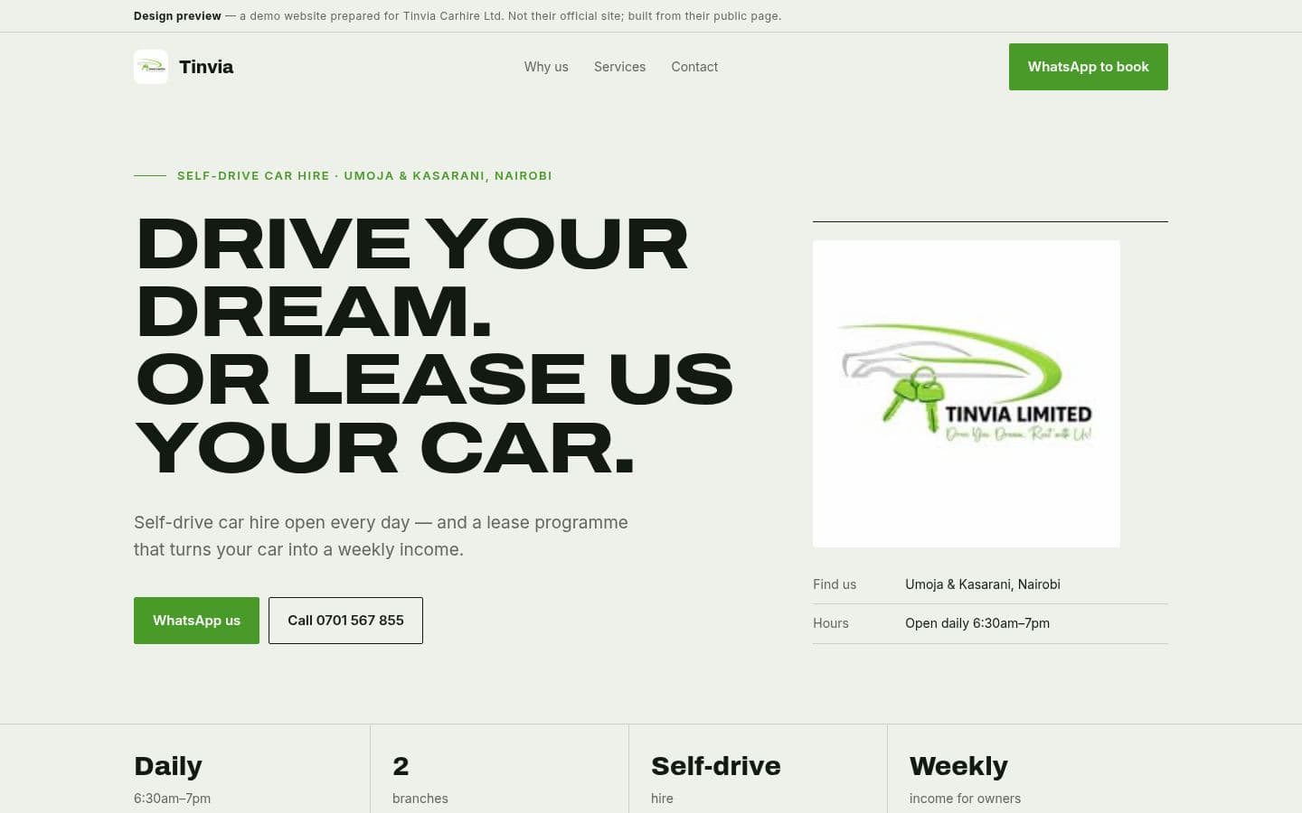 Tinvia Carhire website automotive design, built by Kevin Milo at Captivart, Nairobi